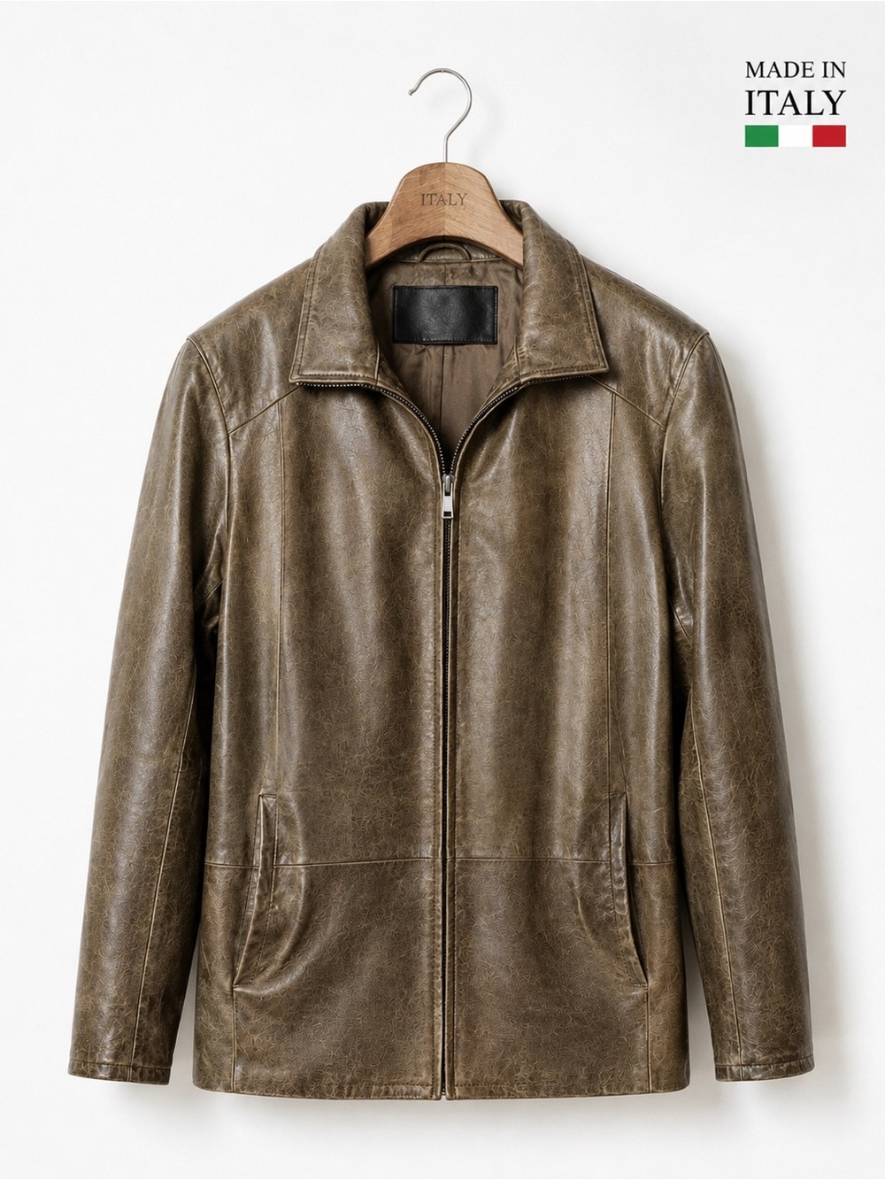 Bison Italian Leather Jacket Khaki Brown Size 52 XL Made in Italy Vintage - Picture 2 of 11